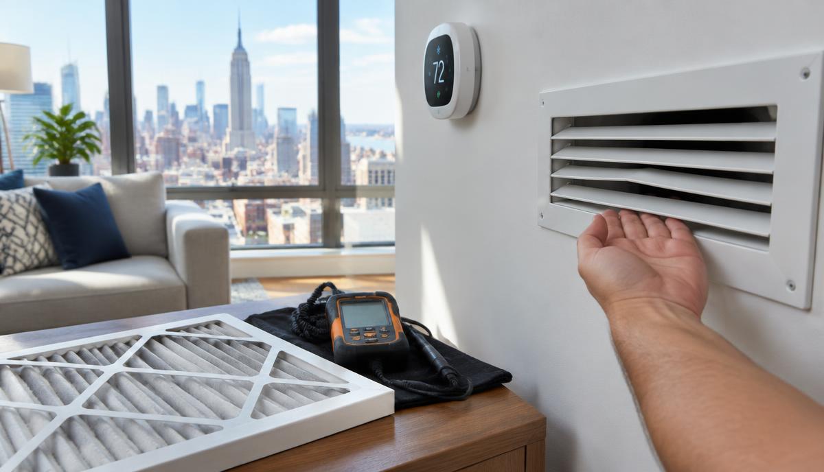 Airflow being checked at an apartment vent beside a thermostat and clean HVAC filter