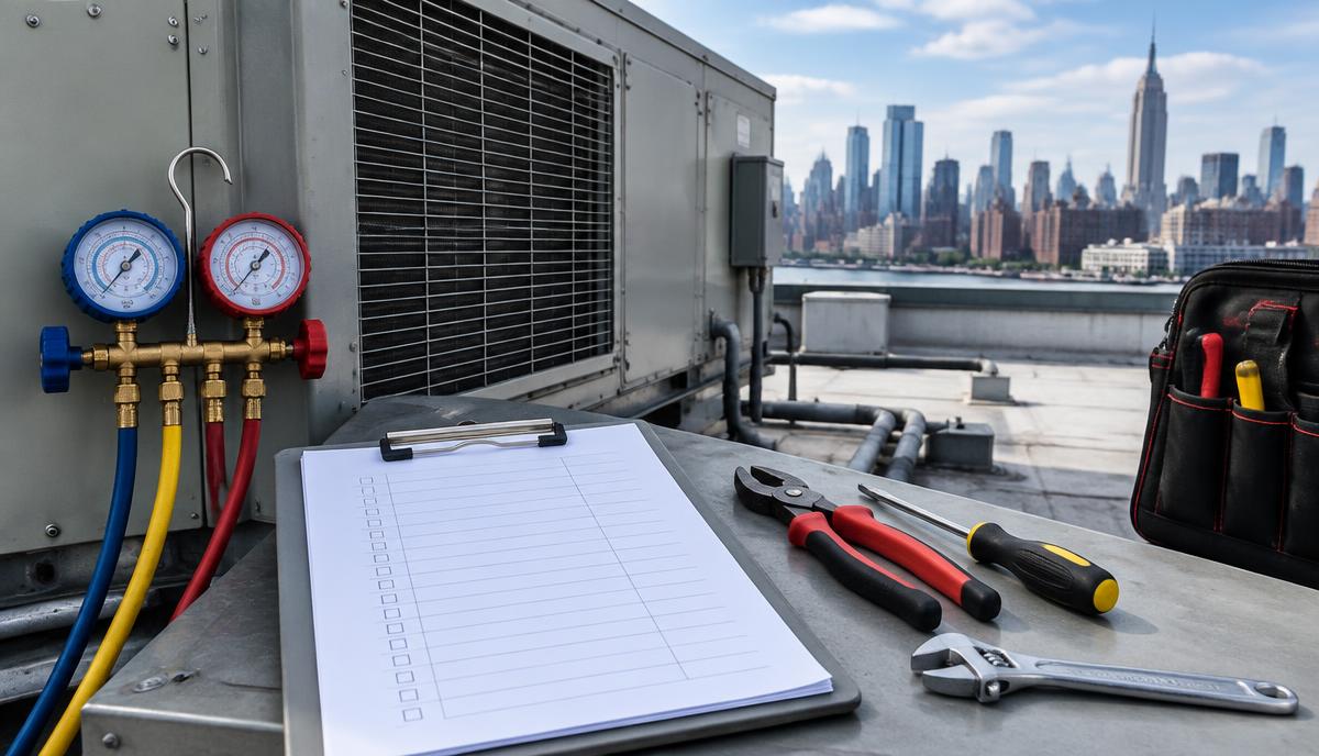 Commercial HVAC quote checklist and service tools beside a New York City rooftop unit
