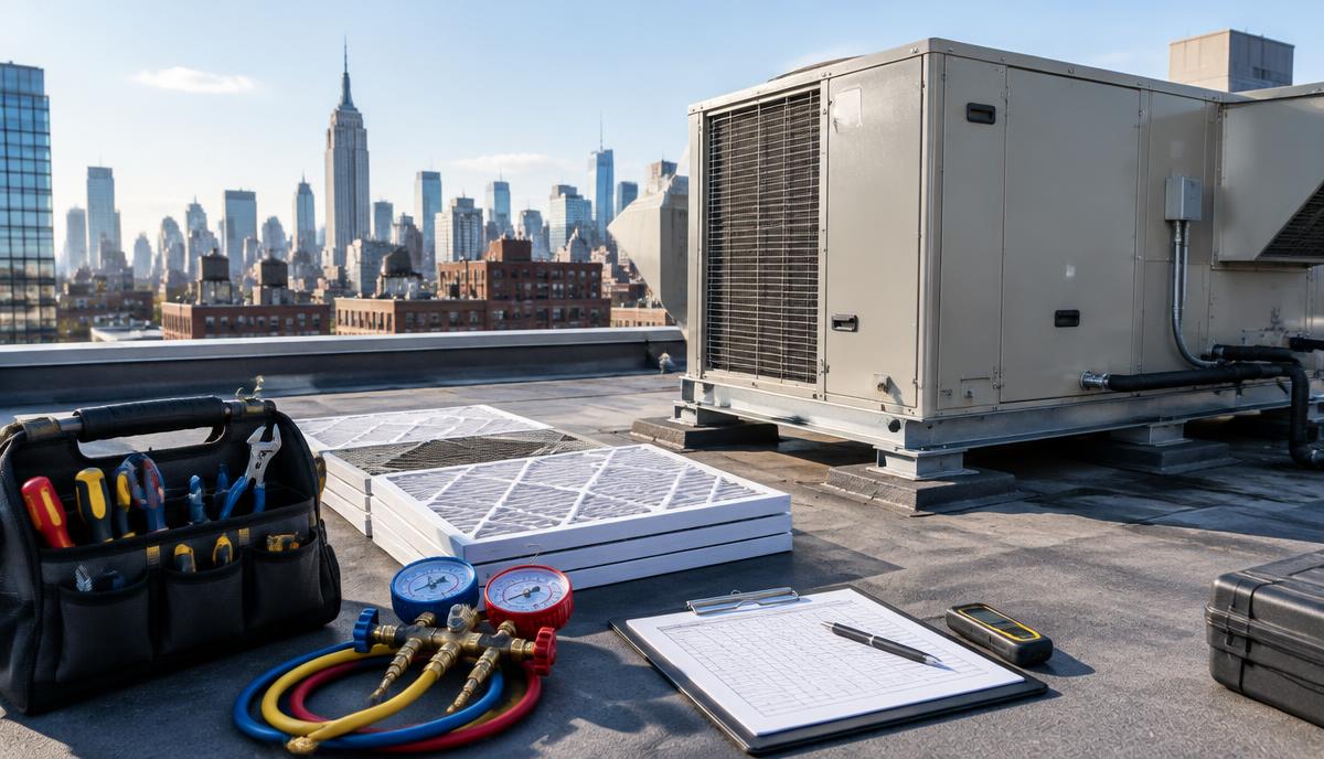 Commercial HVAC maintenance tools and clean filters beside a New York City rooftop unit