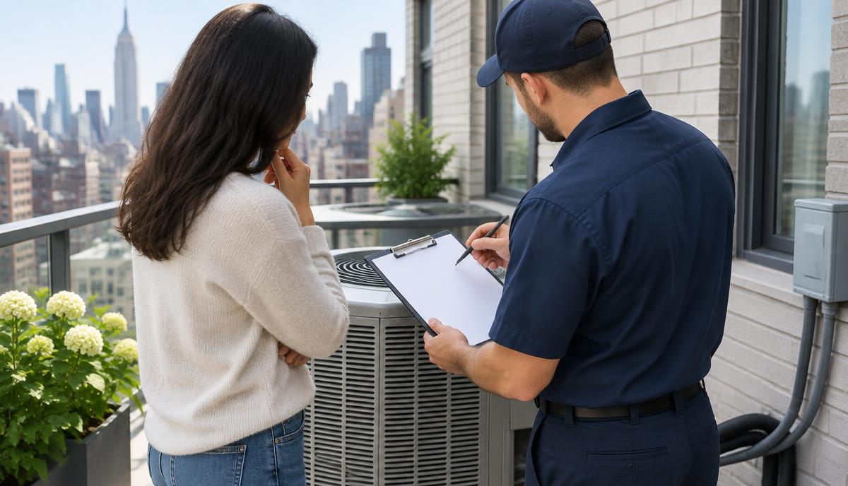 Homeowner reviewing an HVAC work scope with a service technician in New York City