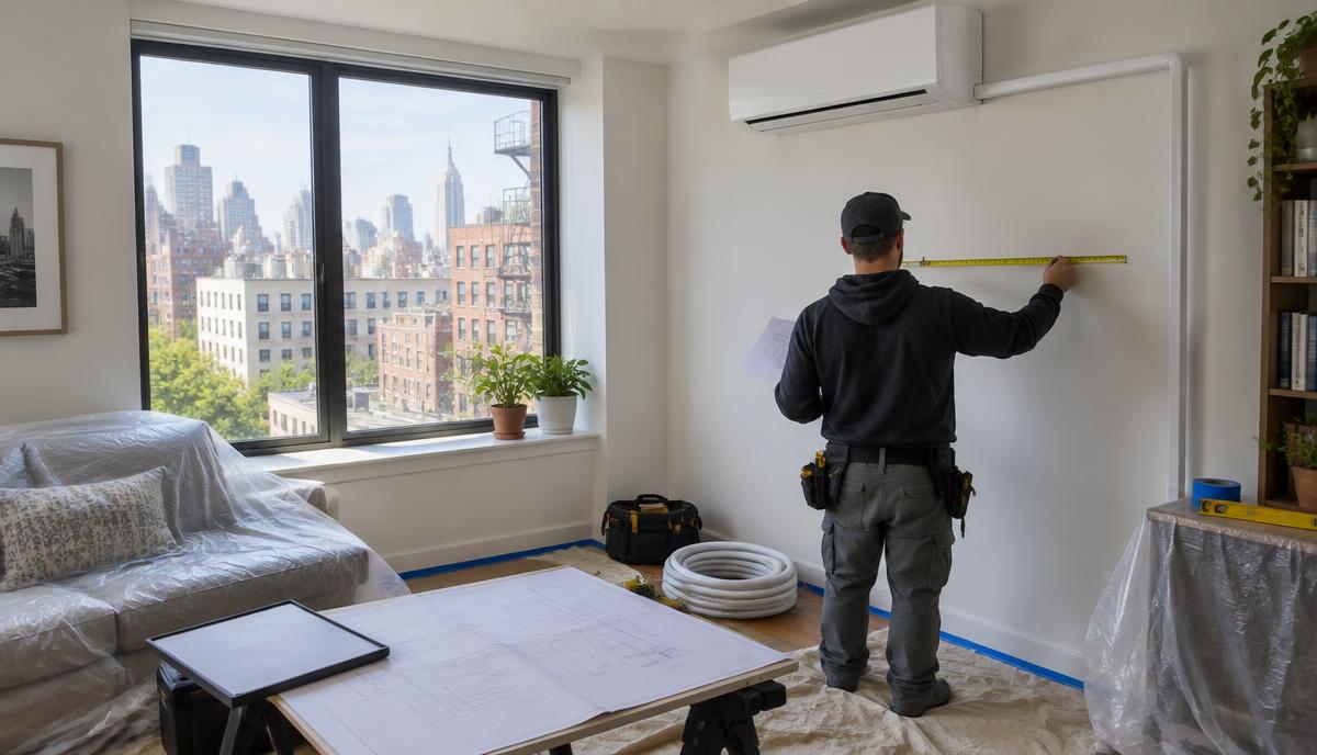 Technician planning a ductless mini split installation route in a New York City co-op