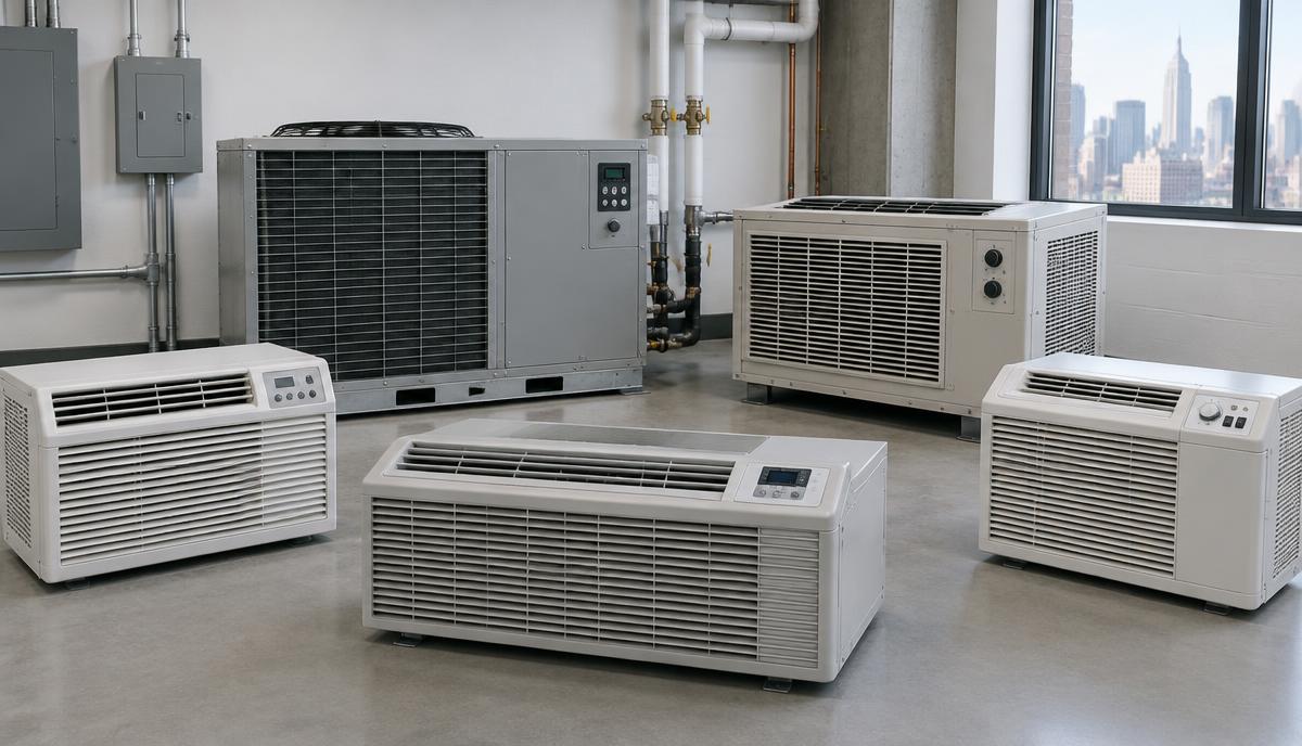 Several unbranded PTAC units arranged for comparison in a New York City building