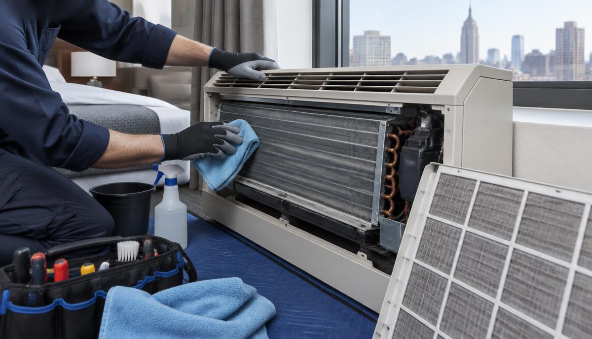 Technician cleaning the coil and filter of a PTAC unit in a hotel room