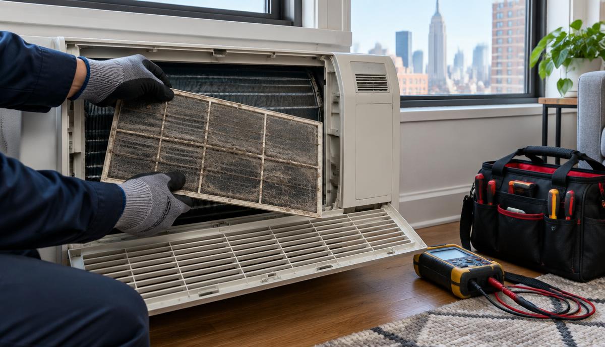 Technician removing a clogged filter while diagnosing a PTAC cooling problem