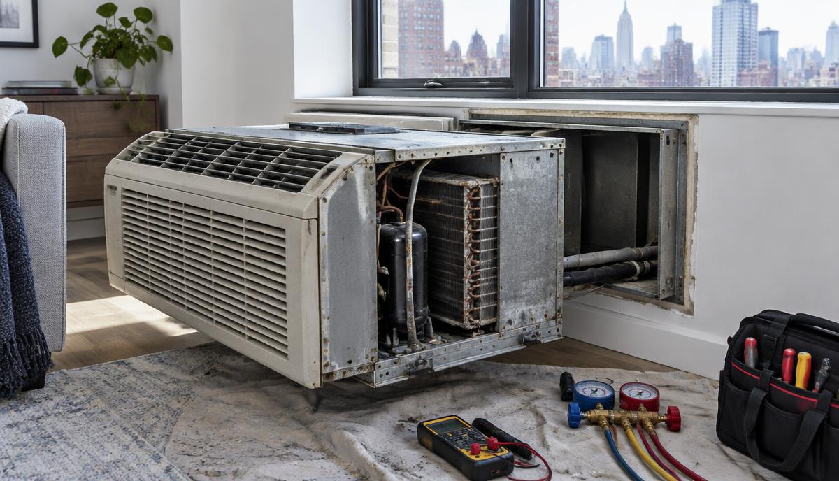 Aging PTAC unit removed from its wall sleeve for inspection in a New York City apartment