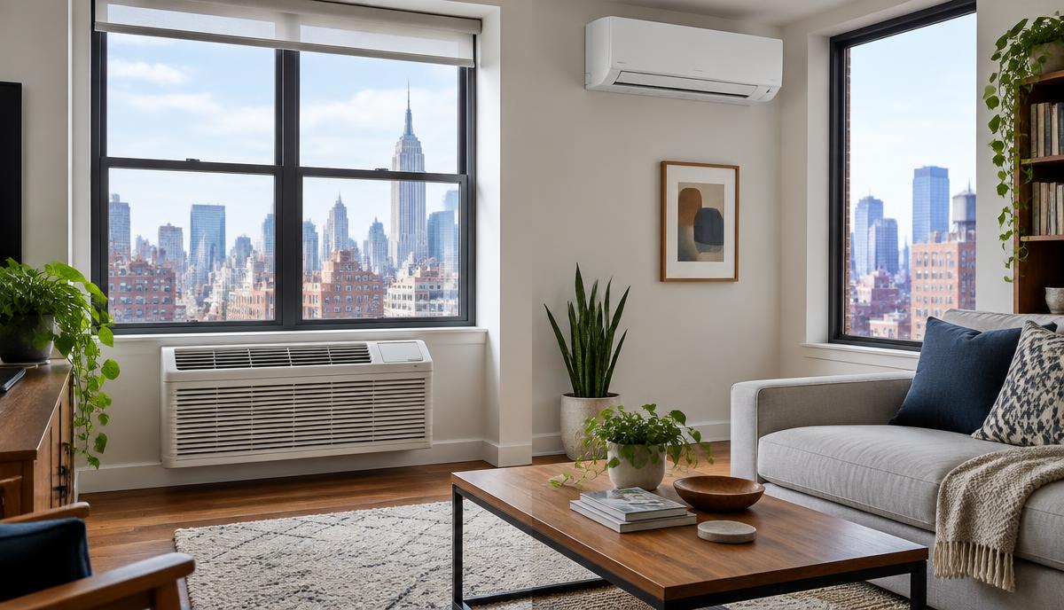PTAC unit and ductless mini split shown together in a New York City apartment