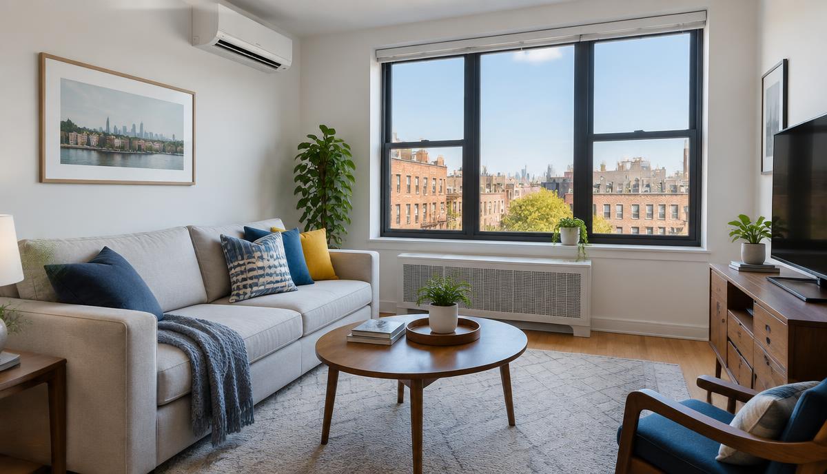 Ductless mini-split indoor unit mounted in an Astoria rental apartment living room