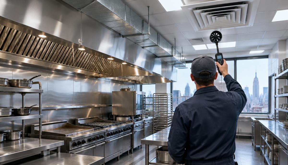 Technician measuring airflow beneath the ventilation system in a New York City restaurant kitchen