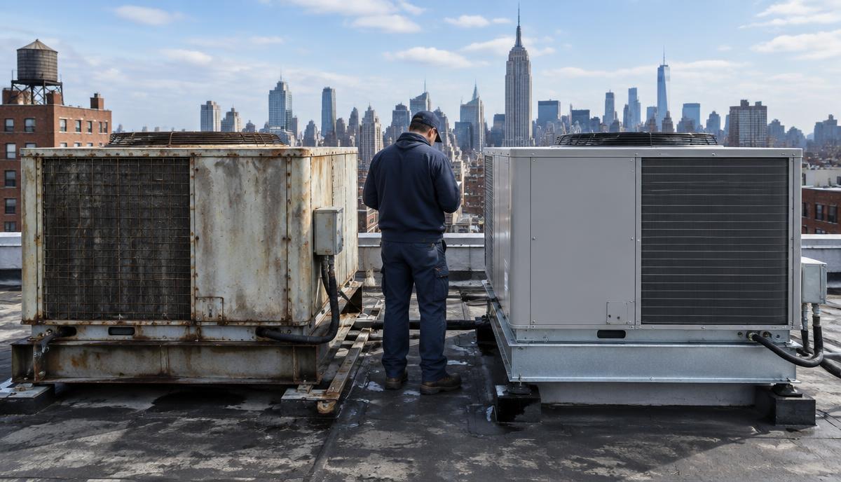 Technician comparing an aging rooftop HVAC unit with a newer replacement unit
