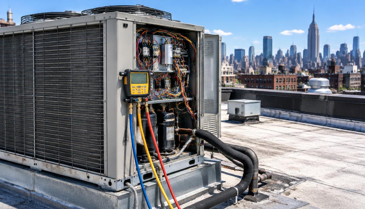 Open commercial rooftop HVAC unit undergoing diagnostic testing in New York City