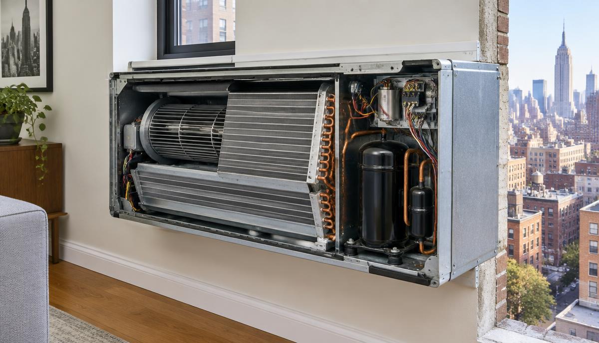 Open PTAC chassis showing the internal fan, coils, compressor, and controls