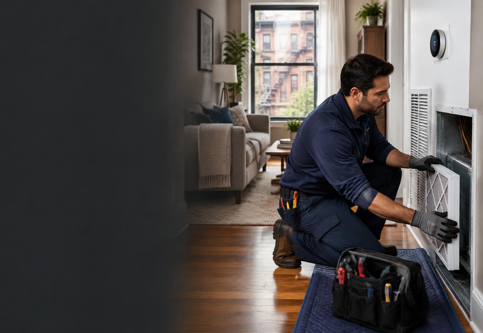 HVAC technician servicing air conditioning equipment in a New York City home