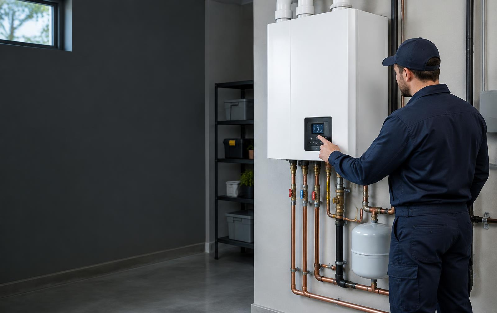 Technician inspecting a wall-mounted tankless boiler