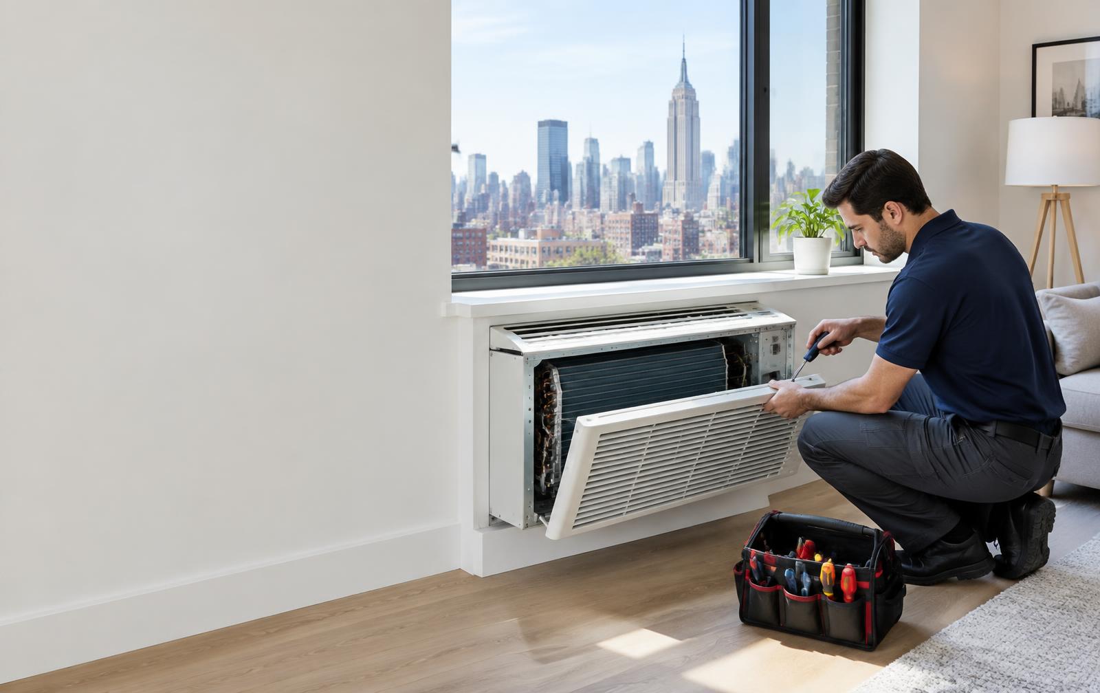 Technician servicing a PTAC unit in a New York City apartment