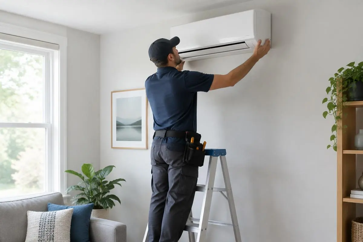 Technician mounting a ductless mini split head in a living room