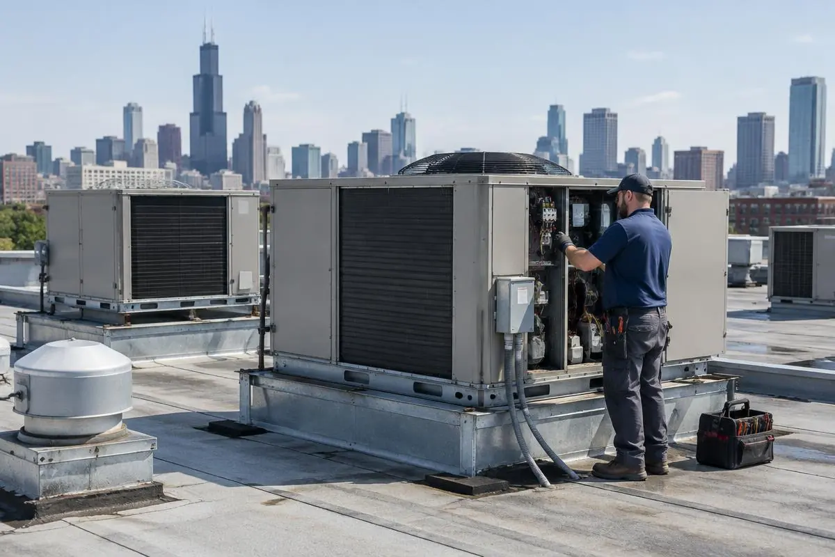 Technician servicing a rooftop packaged HVAC unit on a commercial building