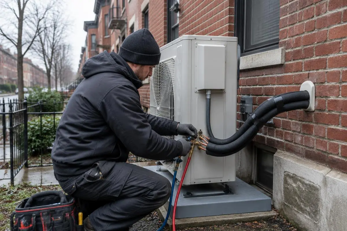 Technician servicing a heat pump outdoor unit beside a brick rowhouse on a cold day Technician servicing a heat pump outdoor unit beside a brick rowhouse on a cold day