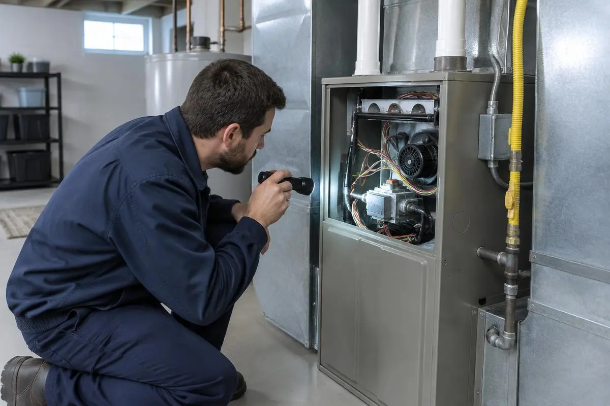 Technician inspecting a residential gas furnace in a basement