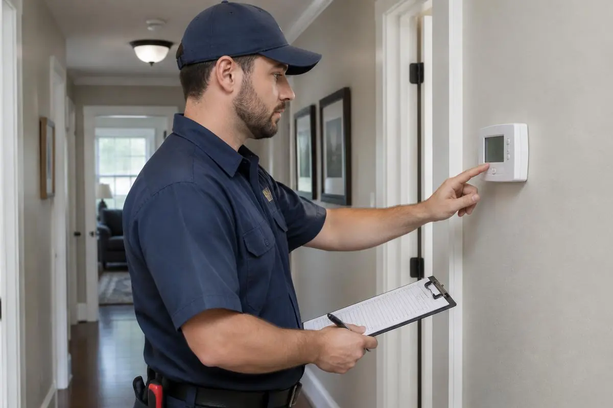 Technician running a seasonal HVAC checklist at a home thermostat