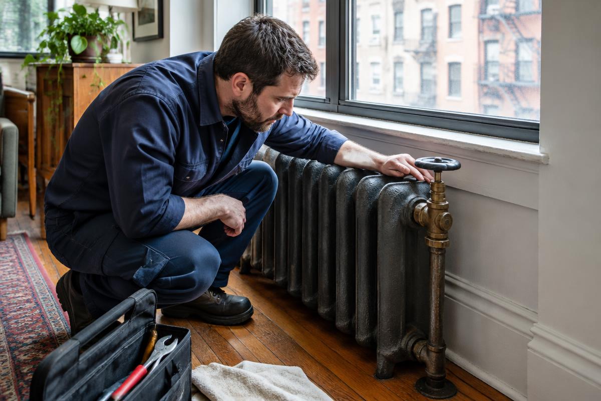 Technician inspecting a cast-iron radiator valve in a New York City apartment