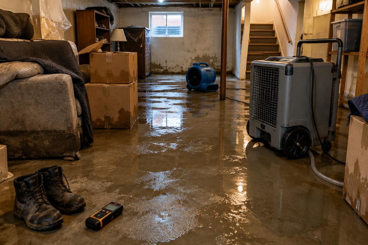 Commercial dehumidifier and air movers drying a water-damaged room