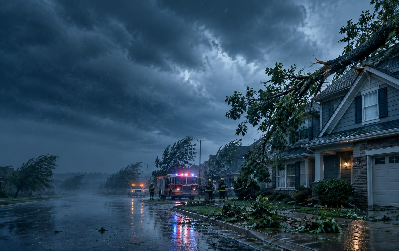 Storm-damaged house with emergency response crews securing the property